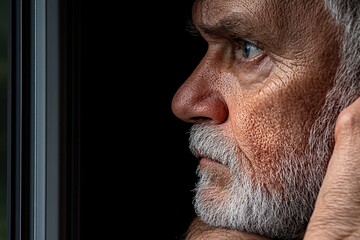 Obraz premium Portrait of mature man staring intently out the window with hand on face.