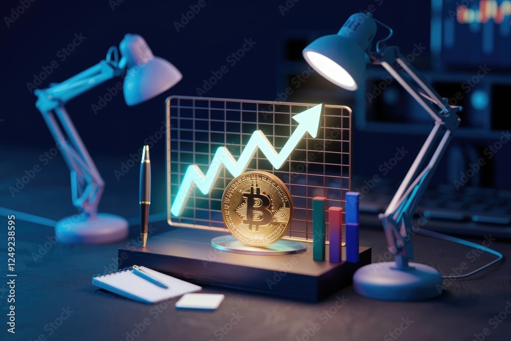 Poster bitcoin price rising, shown on a graph with a golden coin and desk lamps.