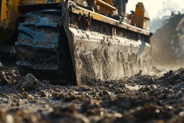 Fototapeta premium Heavy Machinery at Work: Bulldozer Plowing Through Muddy Terrain