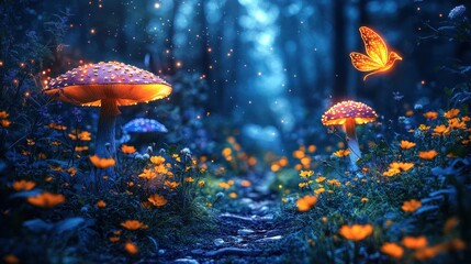 Obraz premium Glowing mushrooms, fairy forest path, fantasy, night