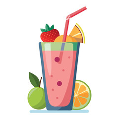 Colorful Fruit Smoothie Illustration: Strawberry, Orange, Lime Drink with Straw - Healthy Beverage Graphic Design