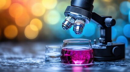 Microscope and Beaker with Pink Liquid, Scientific Research in Laboratory