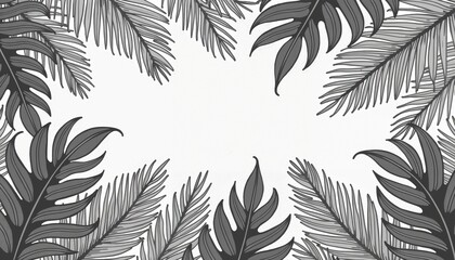 Monochrome botanical illustration with tropical leaves framing a blank space