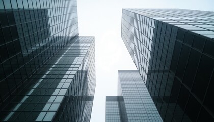 Modern skyscrapers seen from below with reflective glass facades against a gray sky