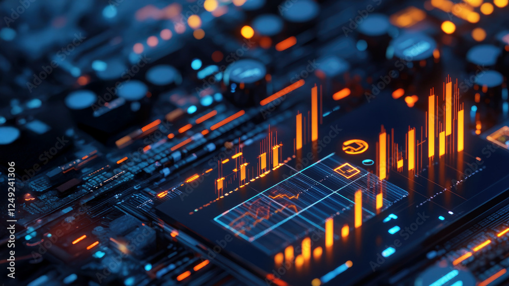 Poster futuristic digital interface with data visualization on circuit board