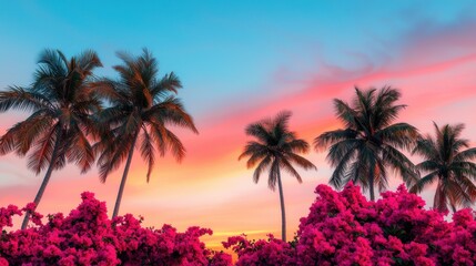 Obraz premium A vibrant sunset scene featuring palm trees and blooming flowers against a colorful sky, evoking a tropical paradise.