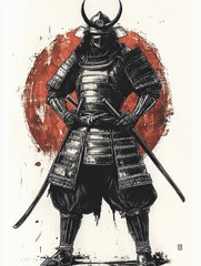 Fototapeta premium Samurai Warrior in Traditional Armor Holding Katana Historical Japanese Culture Woodblock Print Black and White Engraving Illustration