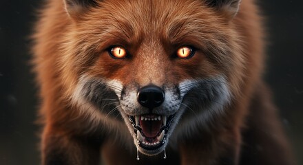 Fox with glowing eyes snarling and baring its sharp teeth