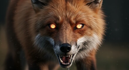 An angry red fox bares its teeth with glowing eyes