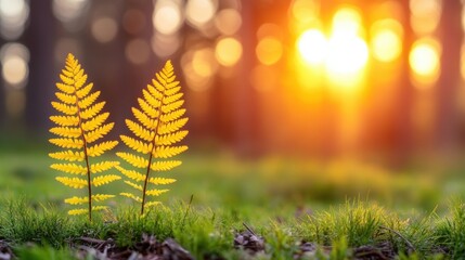 Golden Ferns Against Glowing Sunset in a Tranquil Forest Scene