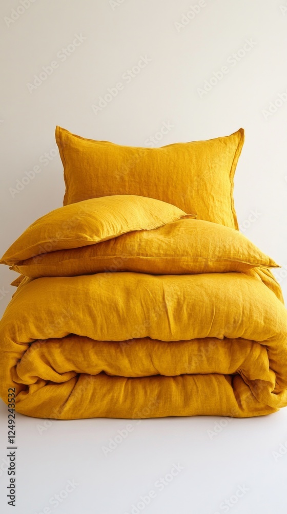 Poster soft, textured bedding pieces in a warm yellow hue are artfully arranged for product display. the el