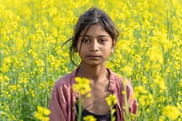 Fototapeta premium poor malnutrition village girl living below poverty line holding baby with mustard fields behind