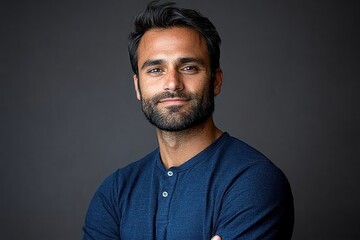 Fototapeta premium Confident Proud Bearded Indian Businessman in Navy Blue Shirt Standing Isolated on Gray