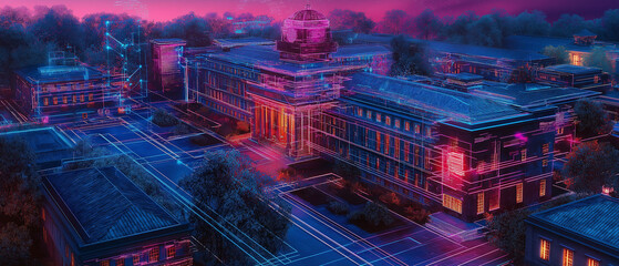 OT security  industrial defense. Cybersecurity detection. Infrastructure firewall. Monitoring resilience. A realistic university scene featuring on-campus security measures in action.