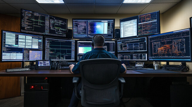 OT security  industrial defense. Cybersecurity detection. Infrastructure firewall. Monitoring resilience. IT security engineer monitoring industrial networks in a professional setting.