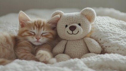 Fototapeta premium A Cute Kitten Sleeping Next to an Adorable Teddy Bear Toy on a Soft White Blanket