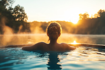 Young woman relaxing in outdoor hot spring at sunset with scenic view of lush forest as sun sets