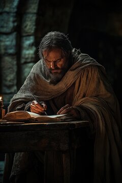 Senior Prophet Disciple Writing Scriptures in Candlelit Dungeon Stone Room with Wooden Desk