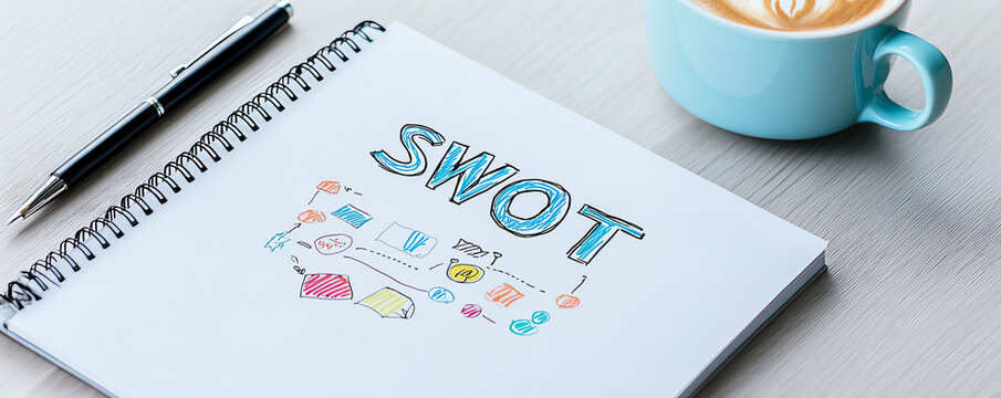 SWOT analysis sketch on notepad with coffee cup nearby, showcasing strategy