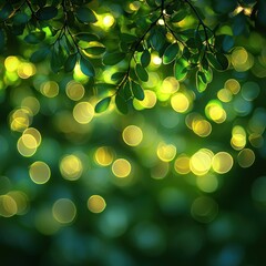 Fototapeta premium Lush green foliage with soft bokeh lights creating a serene, dreamy atmosphere