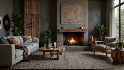 Cozy boho living room with wood furniture, live plants, and a warm fireplace