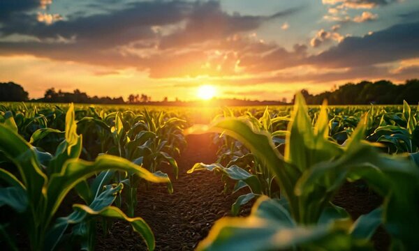 Golden hour cornfield in rural landscape video animation, ai generated. Rows of crops in peaceful farm field sunset animated footage HD clip seamless motion graphics. Countryside farmland concept