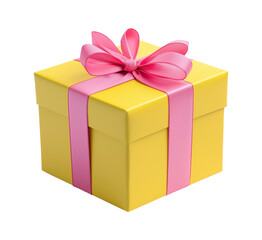 Obraz premium Yellow gift box with pink satin ribbon image isolated transparent, ai generated. Celebration present. Wrapped giftbox cut out photo png. Special occasion giveaway cutout element object photography