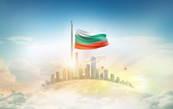 Bulgaria flag wavering on blobe with modern building skyline. Flag waving on world map. Bulgaria national flag for independence day.