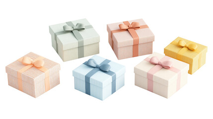 Obraz premium Pastel gift boxes with ribbon bows image isolated transparent, ai generated. Luxury presents event packaging cut out photo png. Bridal shower. Premium wrapping giftboxes cutout element object