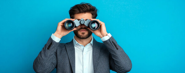 business professional looking through binoculars against blue background