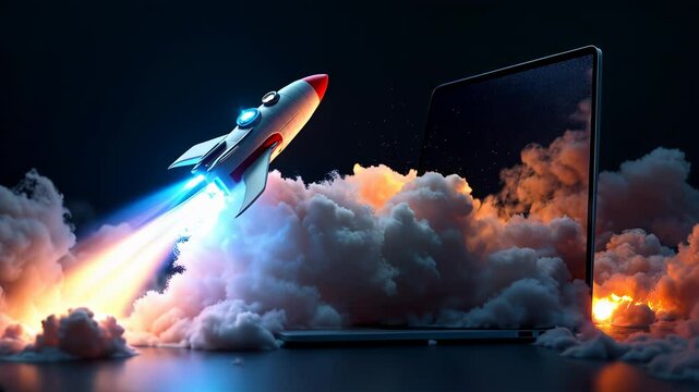 Digital Launch: Rocket blasting off from laptop screen, symbolizing innovation, startup success, technological breakthrough, rapid growth, futuristic concept, online business, digital transformation, 