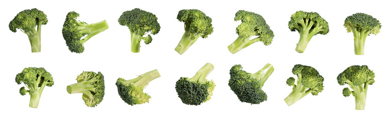 Set of fresh green cut broccoli in difference position isolated clipping path on white background.