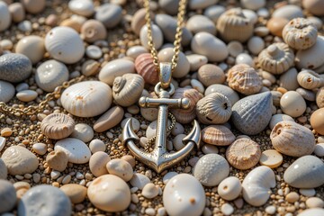 Obraz premium Silver Anchor Necklace on Seashells Beach