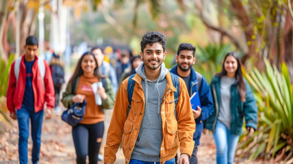 group of indian students walking with the bag packs and books in hand in front of the University, happy students