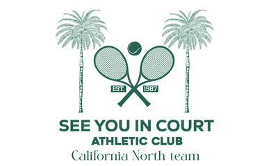 Athletic club art. Date palm tree vector design. Tennis court graphic design. Malibu california tennis club artwork for t shirt, posters, stickers, background and others.