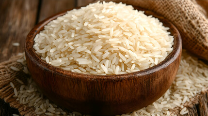 Bowl of rice on wooden table. It shows staple food, grains and nutrition. Background of rustic sack for use as kitchen decor