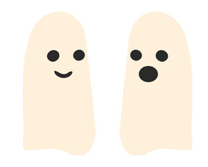 Two minimalist cute playful ghost characters with contrasting expressions - one smiling sweetly, the other surprised or scared with open mouth. Simple beige shapes, isolated.
