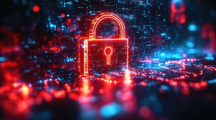 Futuristic Digital Lock with Glowing Edges on Abstract Cyberpunk Background