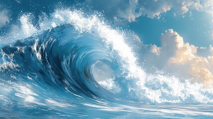 Ocean wave crashing, sunny sky, clouds, water, nature photography