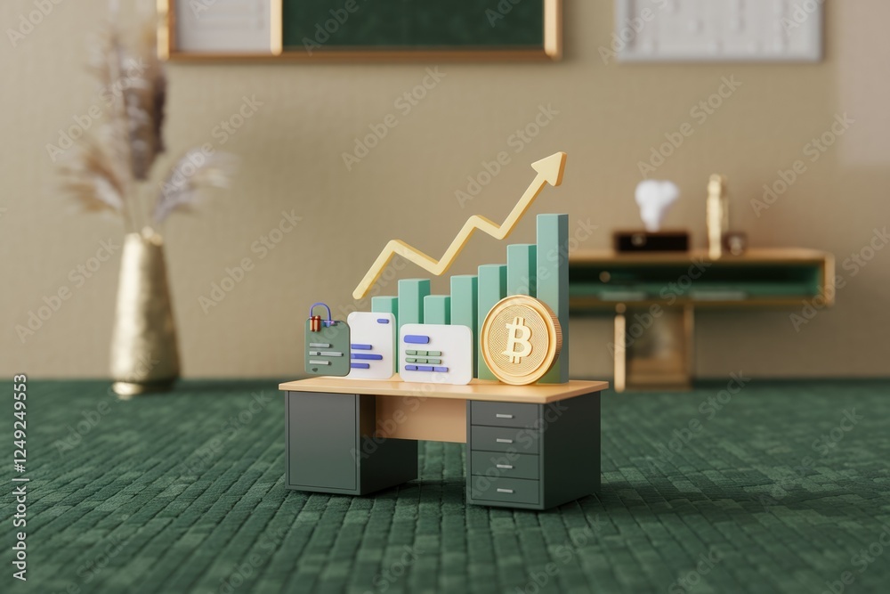Poster bitcoin price growth visualized on a desk with documents and charts, showcasing financial success.