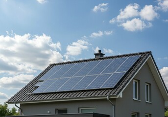 Fototapeta premium Modern House with Solar Panels on Roof Under Clear Blue Sky – Sustainable Living Concept