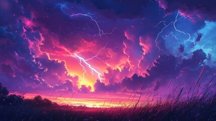 vibrant stormy landscape with lightning strikes and dramatic sunset in anime style