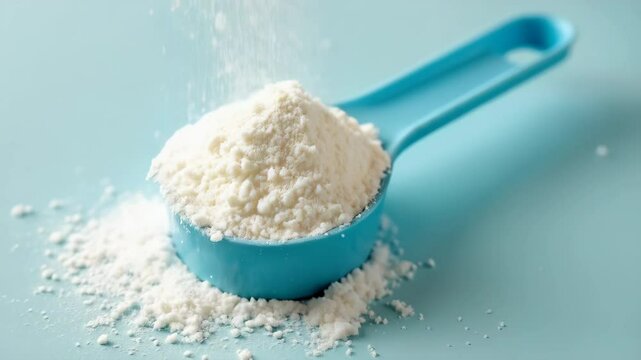 Blue spoon filled with white powder is placed on a blue surface. The spoon is the main focus of the image, and the white powder is spread out around it, creating a sense of depth and texture