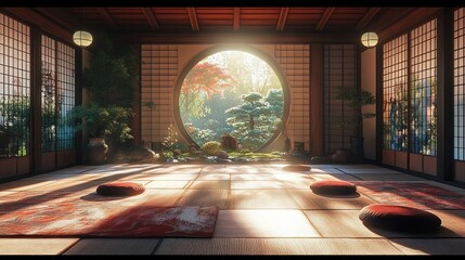 Traditional Japanese Tea Room Interior Design with Tatami Mats and Garden View