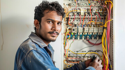 Professional electrician Indian man works in a switchboard with an electrical connecting cable
