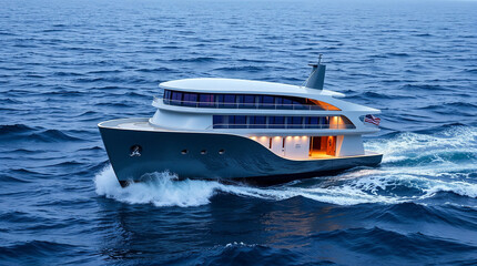 Fototapeta premium Modern yacht sailing on blue ocean at dusk