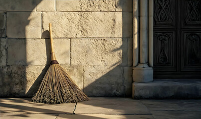 Broom leaning against a building wall casting shadows in a courtyard, suitable for cleaning services, housekeeping, or maintenance concepts