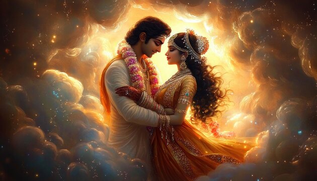 Celestial Portrait of Lord Krishna and Radha Rani in Traditional Indian Attire