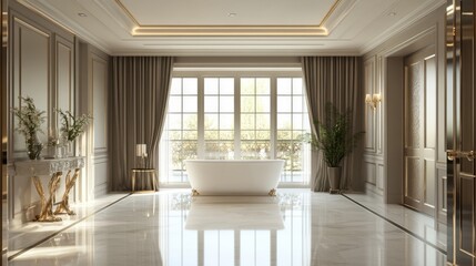 Fototapeta premium luxurious bathroom with freestanding tub and large window