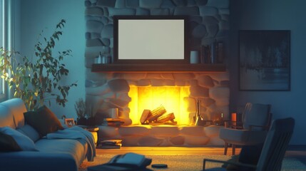 cozy living room with fireplace and blank frame